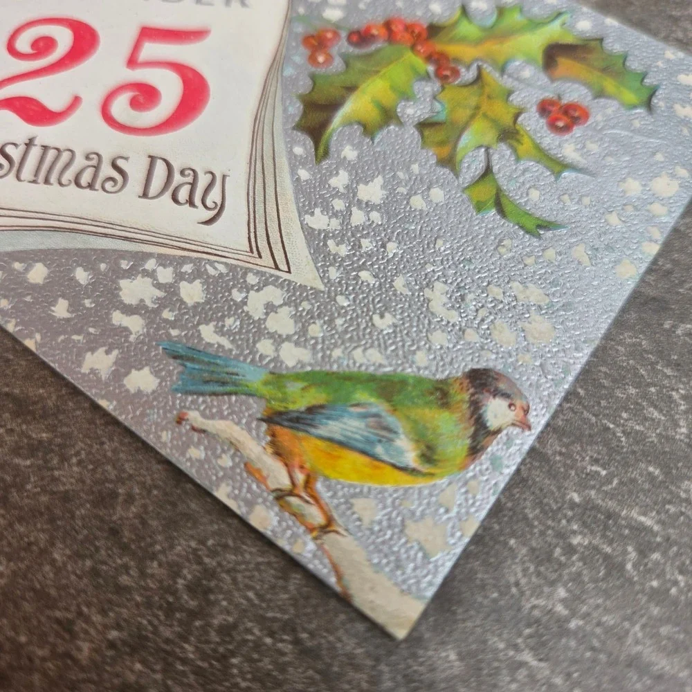 Antique Embossed Christmas Postcard December 25 Calendar Holly Bird Silver